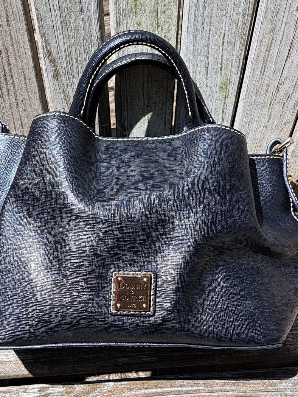 Dooney & Bourke Black Micro Leather Satchel with Cream Stitching